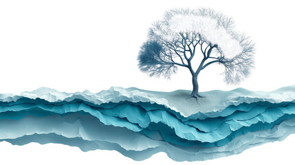A frozen tree on layered land, where icy textures softly stand. Transparent PNG. 
Perfect for nature themes, winter art, or minimalist graphic demand.