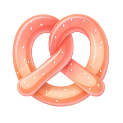 Stylized pink pretzel with black seeds isolated on transparent background
