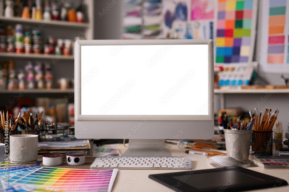 Fototapete empty computer screen in a creative workspace