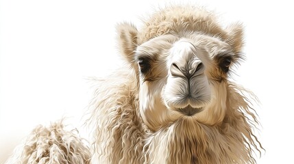 Fototapeta premium Close-up of a light beige camel's head and neck, fluffy fur, facing forward, against a white background