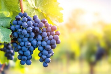 Fototapeta premium Bunch of ripe purple grapes hanging on vine in sunlit vineyard, ready for harvest, copy space