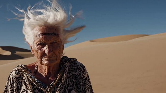 Vieille femme dans le d&eacute;sert, cheveux au vent
