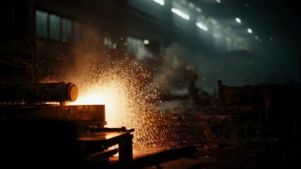 dynamic sparks illuminate the gritty industrial workshop atmosphere.