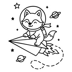 Cute fox astronaut riding a paper rocket through space with planets and stars. Black and white minimal cartoon line art.