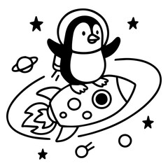Penguin astronaut riding a rocket through space with planets and stars. Black and white minimal cartoon line art.