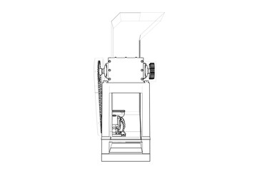 Industrial Plastic Shredder Crusher Machine: Waste Recycling Equipment Technical Wireframe Drawing, Simple Line Art Outline Illustration, Monochrome Environmental Technology Blueprint.