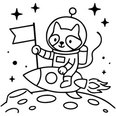 Raccoon astronaut riding a rocket and holding a flag on the moon. Black and white minimal cartoon line art with space theme.