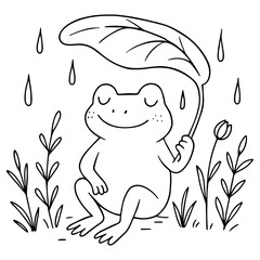 Smiling frog sitting in rain and holding a big leaf as umbrella. Black and white minimal cartoon line art with peaceful nature theme.
