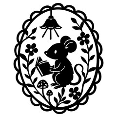 Cute mouse with book in floral oval frame