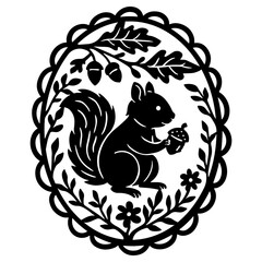 Bear playing accordion in floral oval frame. Black and white silhouette in papercut stencil style with musical forest theme.