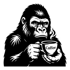 Serious gorilla holding a coffee mug. Black and white vector illustration with strong lines and bold expression.