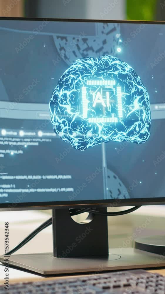 Poster vertical video close up of pc screen on startup office desk showing artificial intelligence programm