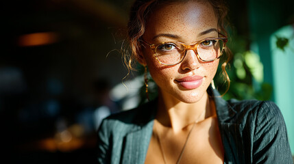 Confident young businesswoman in glasses starts her morning