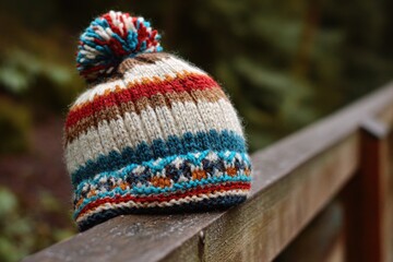 Naklejka premium Colorful knitted beanie resting on wooden fence