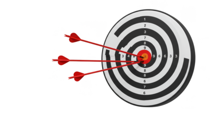 3d Illustration of Target with Arrows Hitting Bullseye on Transparent