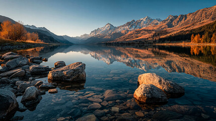 Serene mountain lake reflects snow-capped peaks at sunrise. Scenic landscape inspires awe. Perfect for travel, nature, or adventure marketing.