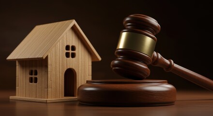Obraz premium Wooden gavel and house depict property law justice and real estate decisions for home and financial security