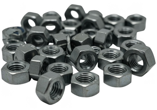 Isolated Heap of Silver Metal Nuts on Transparent Background