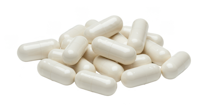 Isolated Heap of White Medicine Capsules Pills on Transparent Background