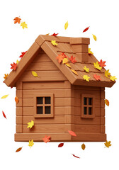 3d Illustration of Wood House and Autumn Leaves with Warm Color Theme