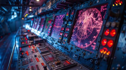 Intricate control panel with many screens displaying complex data in red and blue