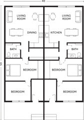 2D Floor Plan Two Unit House Design 40x50 Feet Black and White Layout Idea