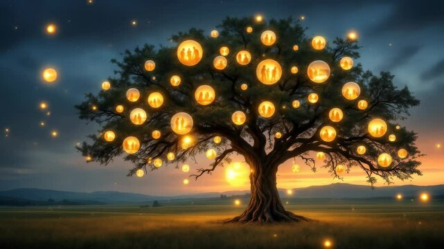Enchanted Family Tree with Glowing Orbs at Dusk Depicting Familial Bonds and Heritage