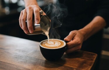 Skilled barista pouring latte art into black cup, cinematic lighting and textured steam, artisan coffee photography for premium caf&eacute; visuals