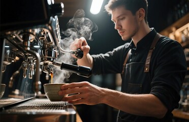 Focused male barista pulling espresso shot, warm light and chrome machine, cinematic coffee shop photography for artisanal café branding