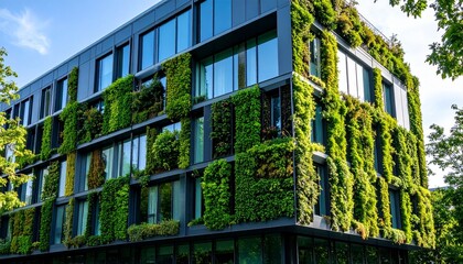 Modern eco-friendly office building with a lush vertical garden on its facade. Sustainable architecture concept with a living green wall, glass windows, and a clear blue sky.