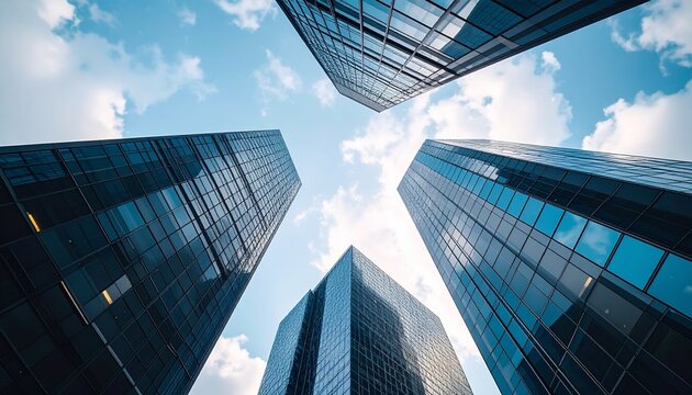 Dynamic low angle view of modern glass skyscrapers looking up at a blue sky with clouds. Corporate architecture background for business, finance, and success concepts.