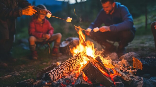 Family roasting marshmallows around a campfire at night.