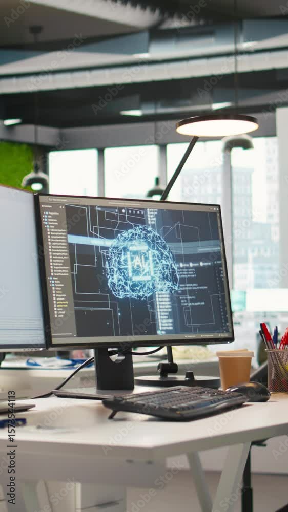 Poster vertical video empty startup office with artificial intelligence program running on pc monitors used
