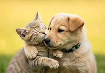 Adorable Puppy and Kitten Embrace in a Field. Generative Ai