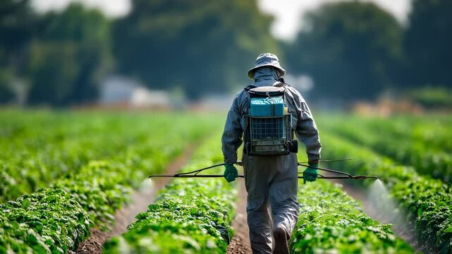Surrounded by vibrant rows of healthy plants a farm worker clad in a respirator gloves and goggles expertly maneuvers a sprayer delivering essential nutrients and protective agents