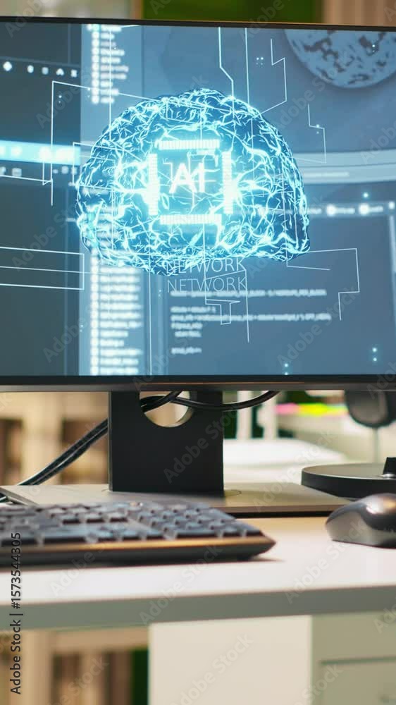 Aufkleber vertical video close up of empty tech startup office with artificial intelligence program running on
