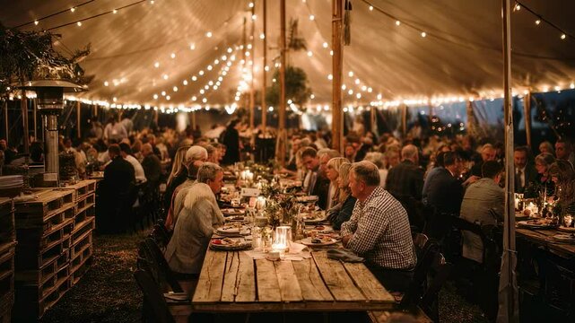 Under a large canvas tent families and friends gather around long wooden tables laden with traditional dishes. The warm glow of string lights overhead creates a cozy ambiance while