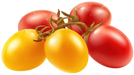 A cluster of four vibrant, glossy cherry tomatoes; two red and two yellow, still attached to a green vine, glistening with water droplets against a stark white background