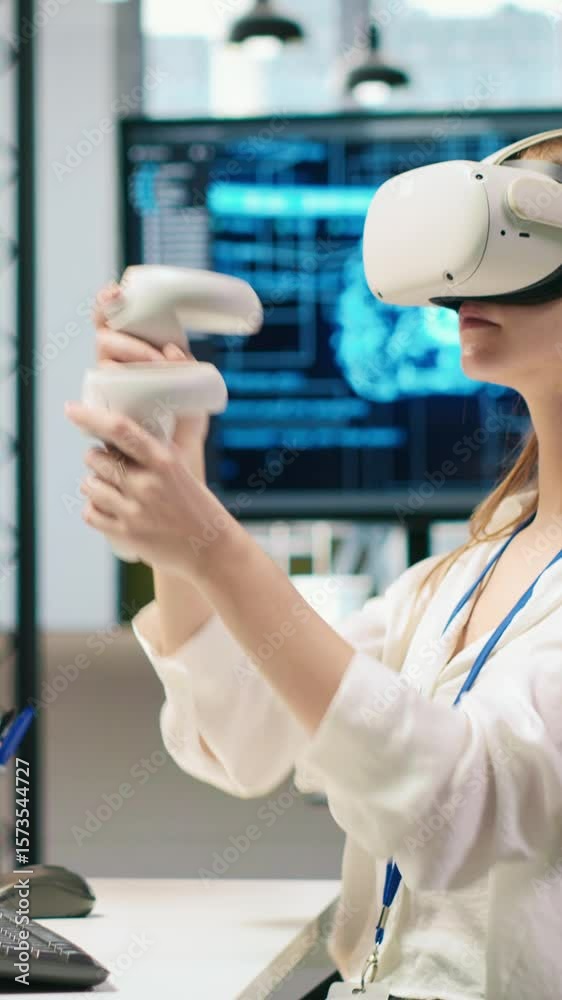Poster vertical video junior dev using virtual reality at work, testing generative ai machine learning algo