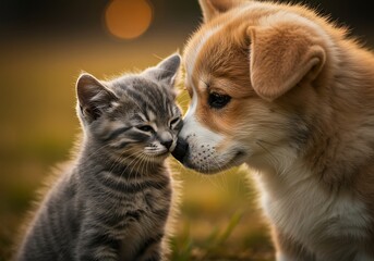 Obraz premium Adorable Kitten and Puppy Embrace Outdoors. Generative Ai