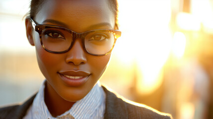 Confident young businesswoman wearing glasses in morning sunlight