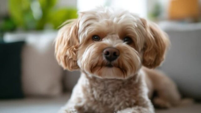 Adorable Cavapoo Puppy Relaxing on a Cozy Sofa