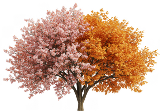 Isolated Illustration of a Split Season Tree with Pink Leaves and Orange - Powered by Adobe