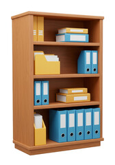 3d Isolated Bookshelf with Yellow and Blue Folders on Wooden Shelves