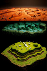 Stages of Martian regolith transformation
Toxic red dust (currently)
Cyanobacteria forming a biofilm crust
Lichen terraces releasing oxygen bubbles