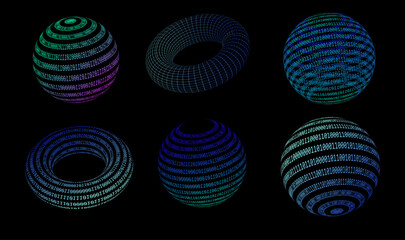 Vector illustration in a digital cyber style features six 3D spheres and torus shapes with glowing wireframes and binary code. Main colors include neon blue, green, and purple on a black background.