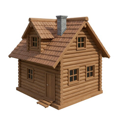 3D Isolated Wooden Cabin Cottage House Exterior with Timber Chimney