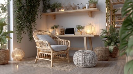 Cozy home workspace with rattan furniture, soft lighting, and indoor greenery by the wall