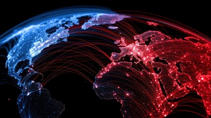 Abstract global maps showcasing high-speed data transmission, Each image visualizes the concept of global connectivity, technological growth, and business data flow through illuminated lines represent