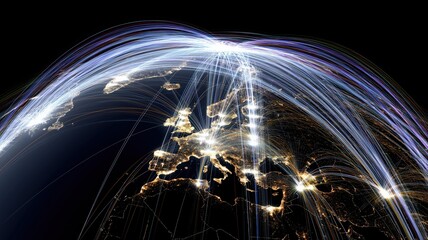 Abstract global maps showcasing high-speed data transmission, Each image visualizes the concept of global connectivity, technological growth, and business data flow through illuminated lines represent